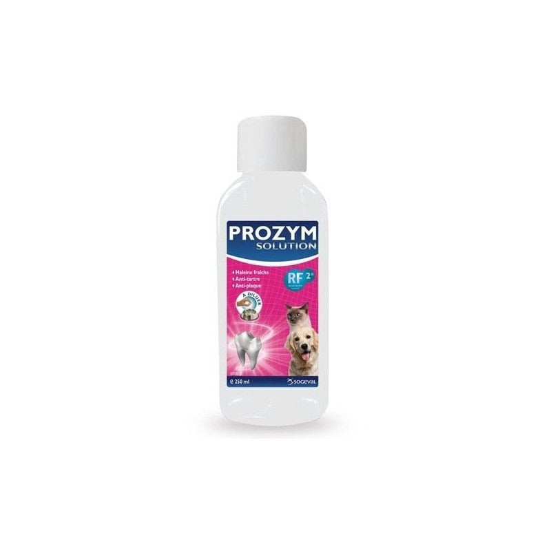 Vue de côté du flacon de solution buvable PROZYM RF2 avec instructions d'utilisation.