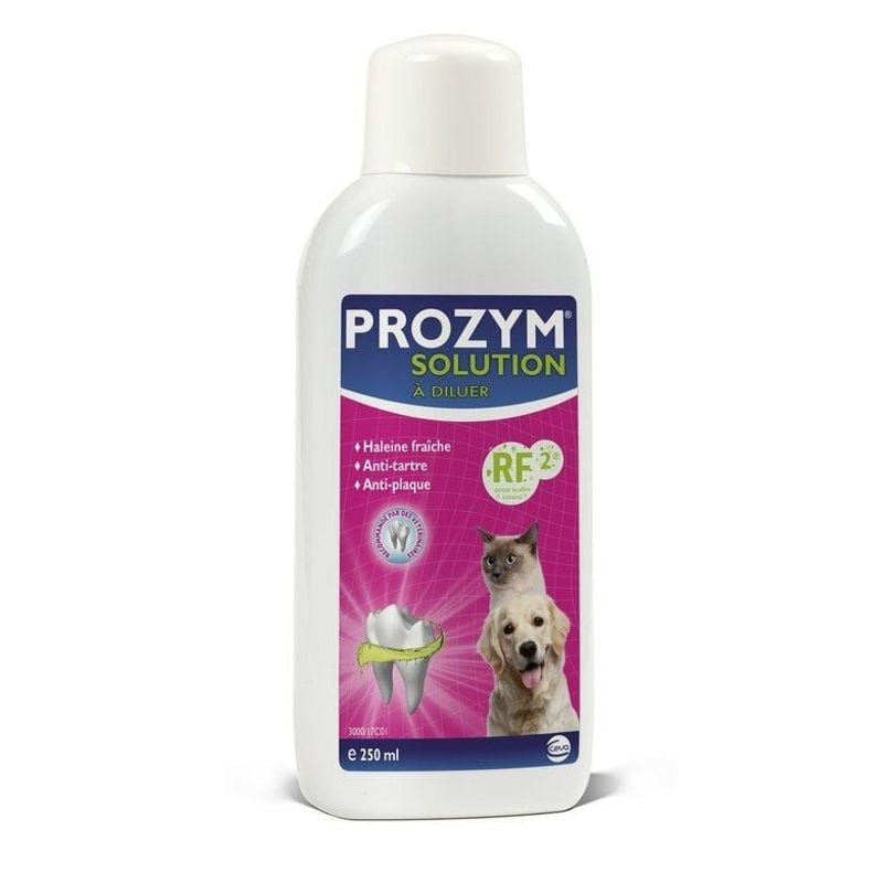 Packshot de la solution buvable PROZYM RF2 pour l'hygiène bucco-dentaire des chiens et chats, montra
