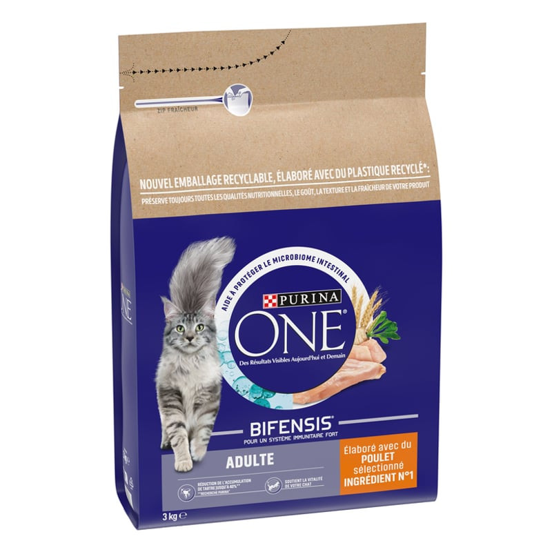 Packshot du sac de 3 kg de croquettes Purina One pour chat adulte au poulet