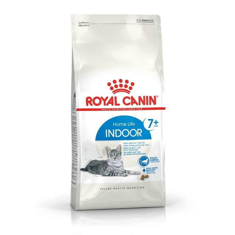 Packshot du sachet de croquettes Royal Canin Indoor 7+ pour chats matures d'intérieur de 7 à 12 ans.