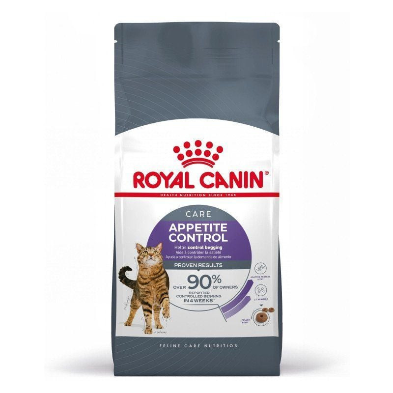 Vue de côté du sac 1967598 Royal Canin Appetite Control Care montrant la composition et conseils d'a