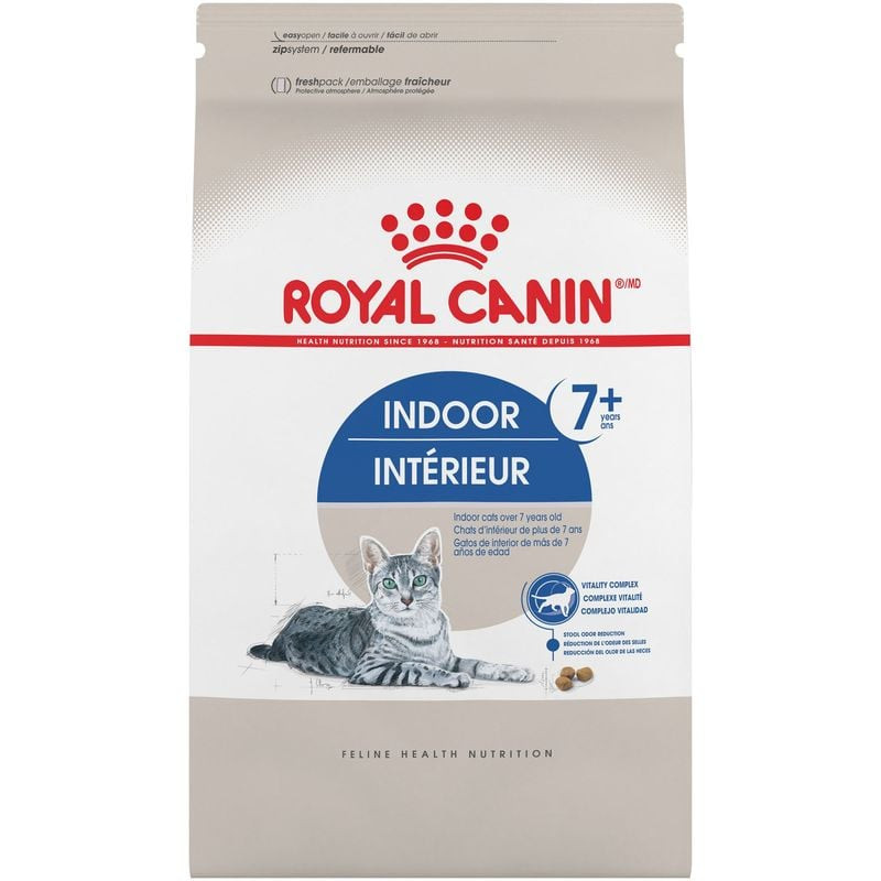 Packshot du sac de croquettes Royal Canin Indoor Senior 7+ au poulet 1,5 kg pour chat d'intérieur âg