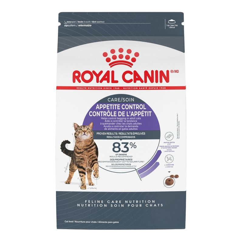 Emballage du sac de croquettes pour chat Royal Canin Appetite Control Care, avec illustration d'un c