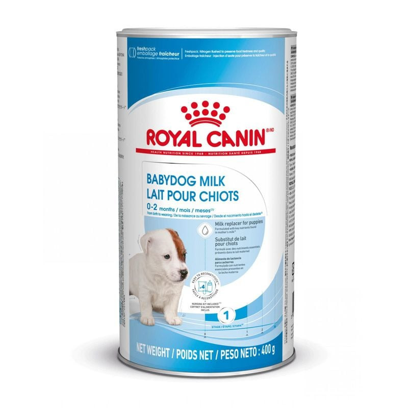 Lait en poudre Royal Canin Babydog Milk dans un bidon blanc et bleu, un substitut de lait complet po