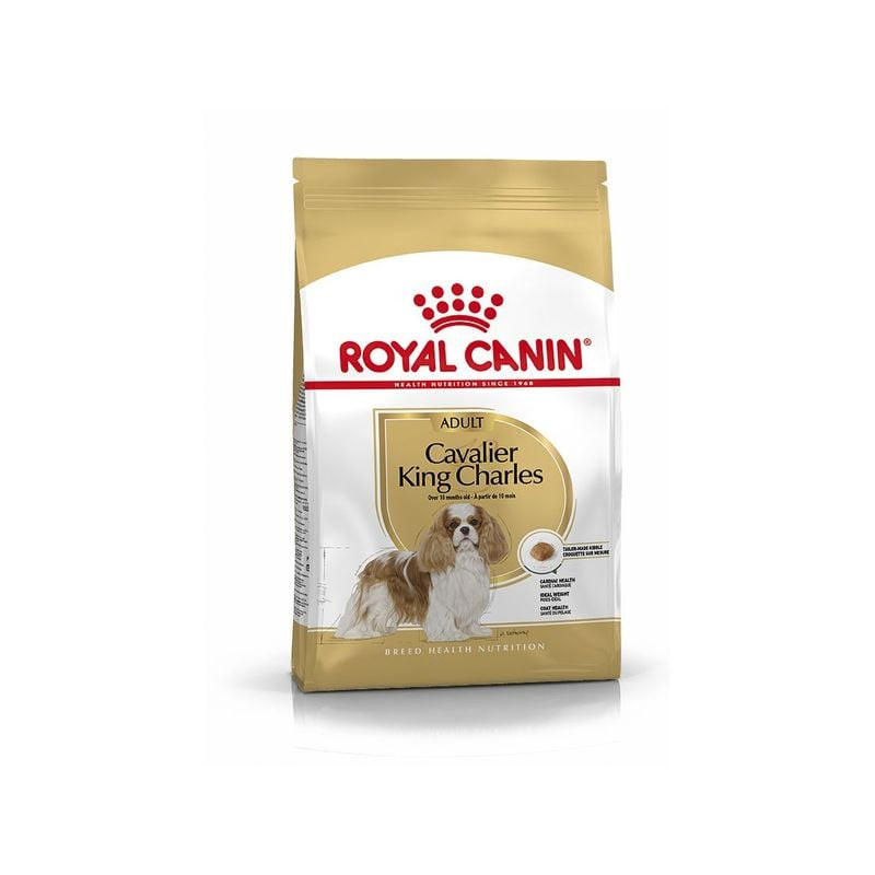 Paquet de 3 kg de croquettes Royal Canin pour chien Cavalier King Charles adulte, sur fond blanc.