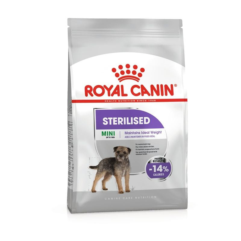 Packshot du sachet de croquettes Royal Canin Mini Sterilised Adulte montrant l'étiquette avant avec 