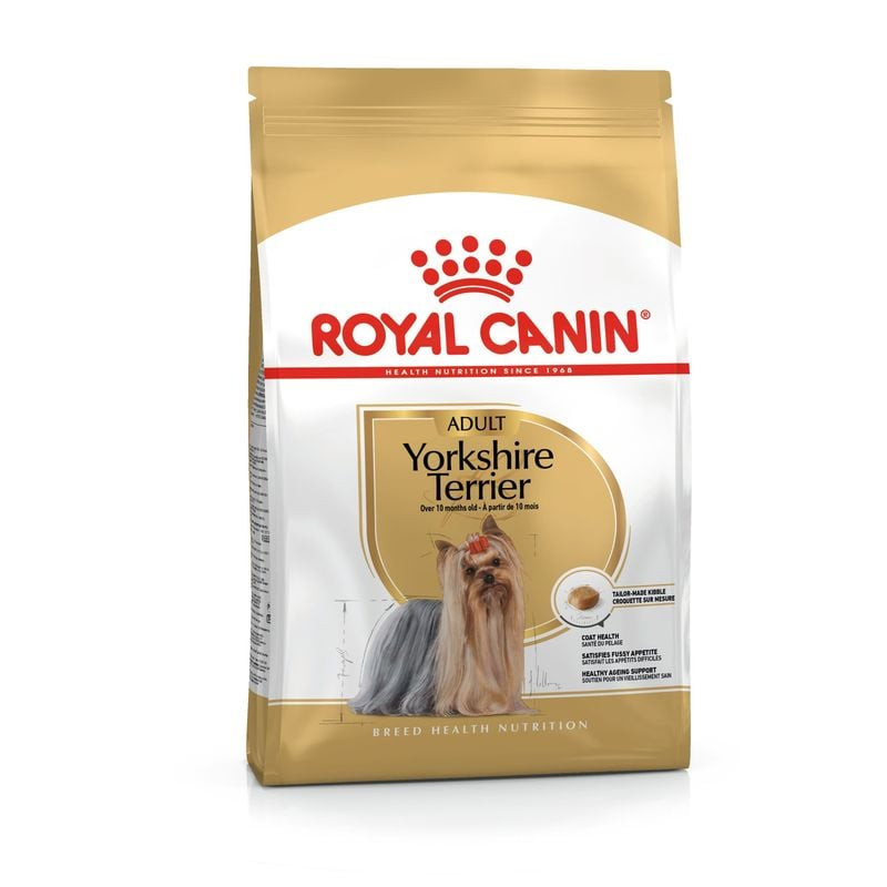 Sac de croquettes Royal Canin Yorkshire Terrier Adulte sur fond blanc, présentant la formule spécifi