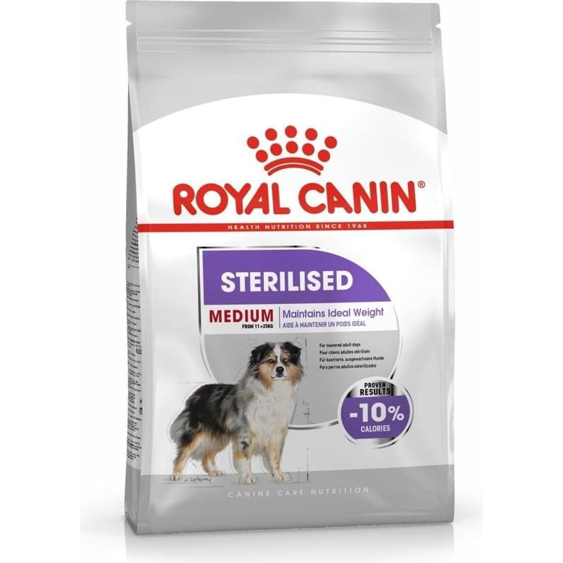 Sachet de croquettes Royal Canin Medium Stérilisé, vue de face montrant la marque et les détails du 