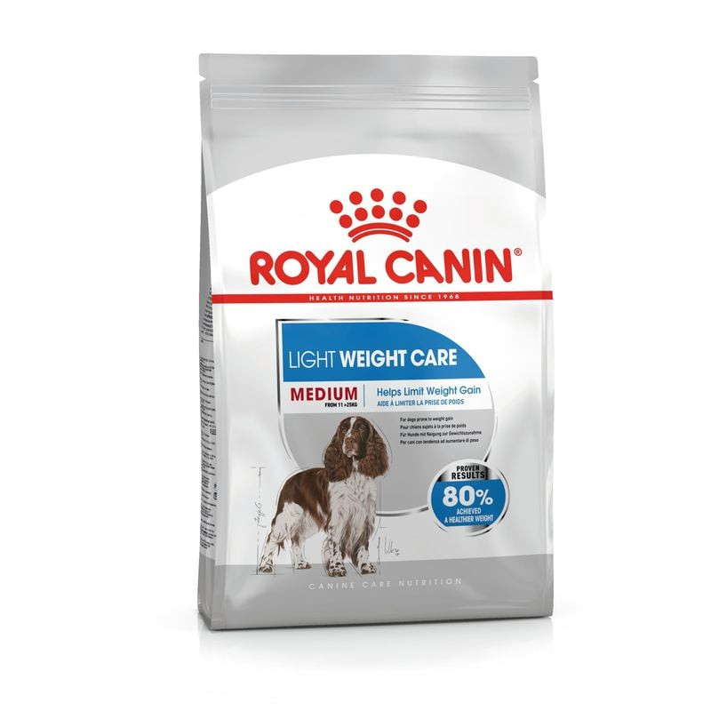 Sac de croquettes Royal Canin Medium Light Weight Care sur fond blanc, montrant l'emballage et les a