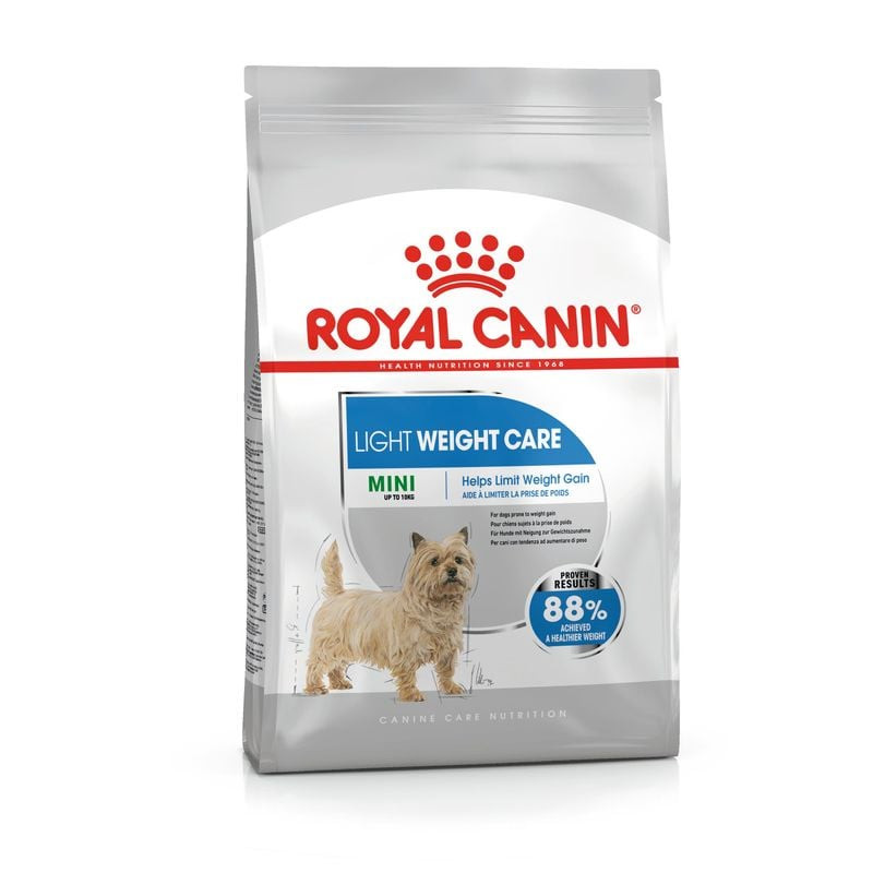 Vue de face du sac de croquettes Royal Canin Mini Light Weight Care pour le contrôle du poids des pe