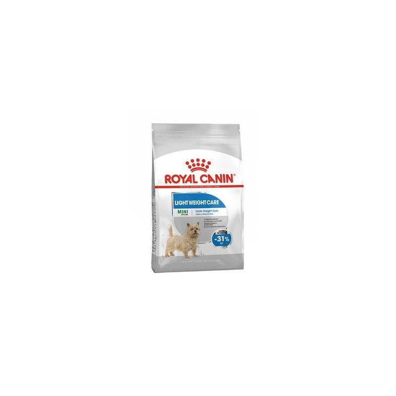 Vue latérale du sac de croquettes Royal Canin Mini Light Weight Care montrant le tableau nutritionne