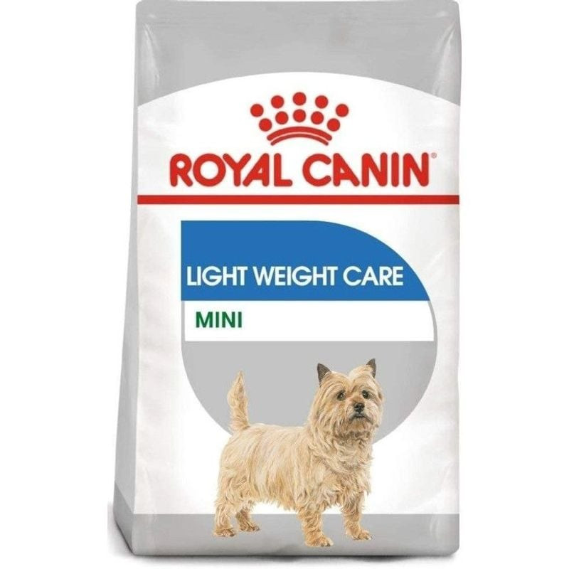 Vue arrière du sac de croquettes Royal Canin Mini Light Weight Care : informations nutritionnelles e