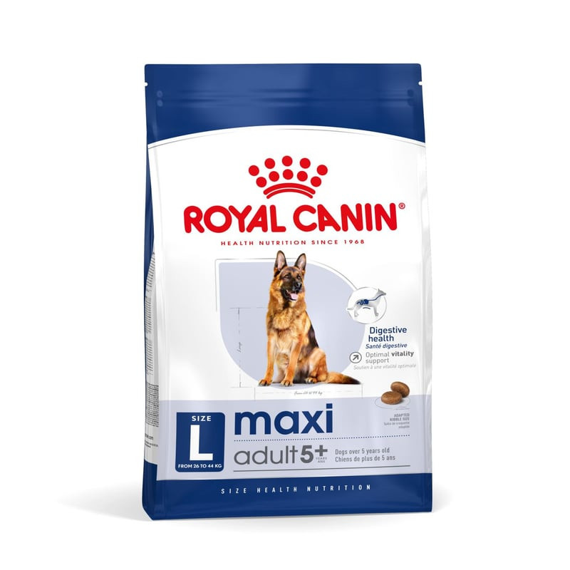 Sac de croquettes Royal Canin Maxi Adult 5+ pour grand chien, étiquette grande race visible de face