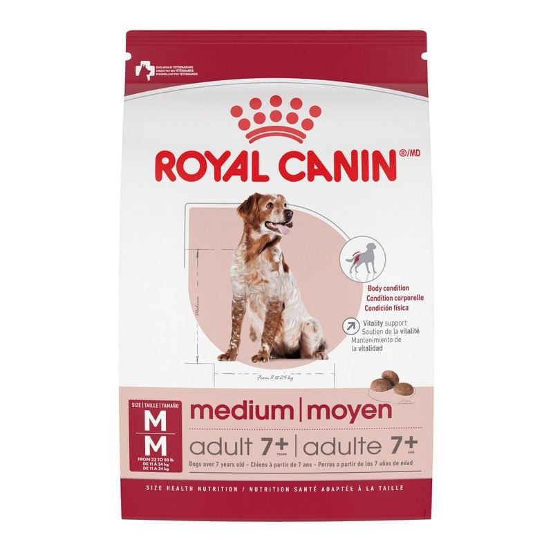 Sac de croquettes Royal Canin Medium Adult 7+ vue de face, avec le nom du produit et une illustratio