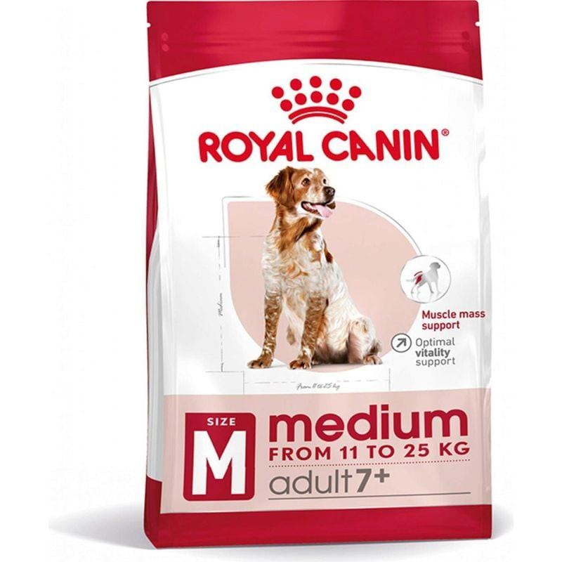 Vue arrière du sac de croquettes Royal Canin Medium Adult 7+ avec tableau d'alimentation complet et 