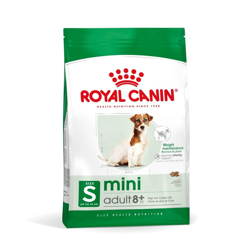 Sac de croquettes Royal Canin Mini Adult 8+ pour petits chiens seniors, design violet et blanc avec 