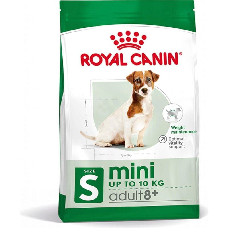 Sac de croquettes Royal Canin Mini Adult 8+ vu de dos avec informations nutritionnelles et guide d'a