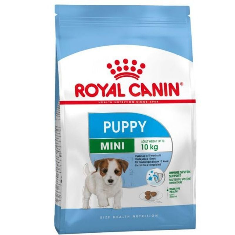 Sac de croquettes Royal Canin Mini Junior pour chiots de petite race sur fond blanc, avec marque et 