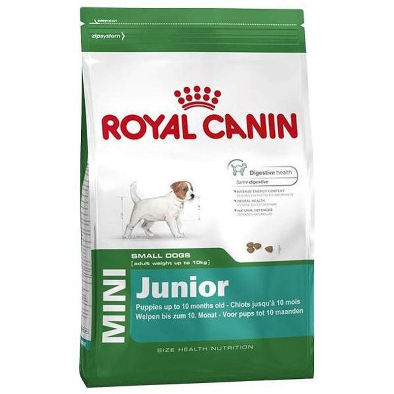 Vue de face du sac Royal Canin Mini Junior montrant la formule pour chiots de 2 à 10 mois.