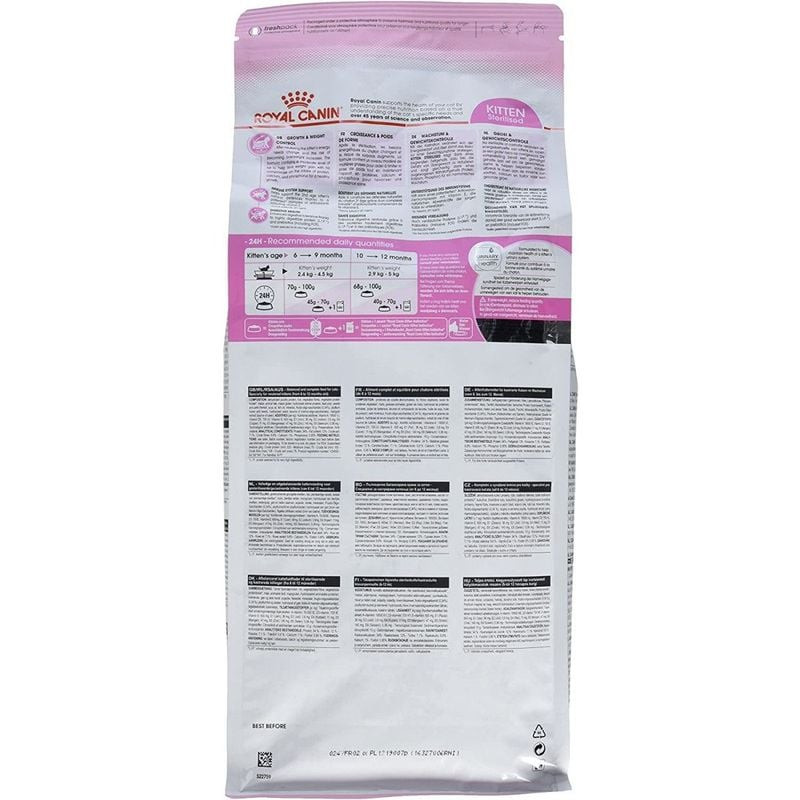 Sac de croquettes Royal Canin Stérilisé Chatons 2kg, pour chatons de 6 à 12 mois, présenté sur fond 