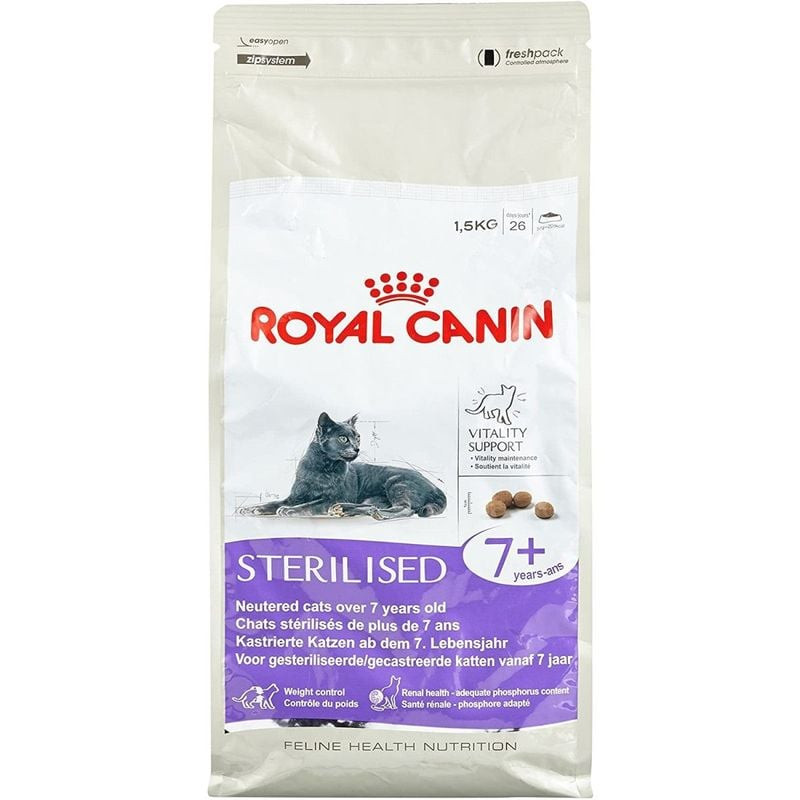 Vue arrière du sac Royal Canin Stérilisé 7+ avec recommandations d'alimentation, ingrédients et info
