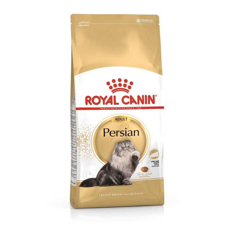 Sac de croquettes Royal Canin pour chat Persan adulte avec illustration de chat Persan et croquettes