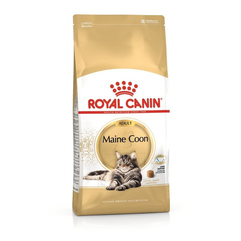 Packshot du sac de croquettes Royal Canin Maine Coon Adulte, avec la formule de croquettes en cubes 