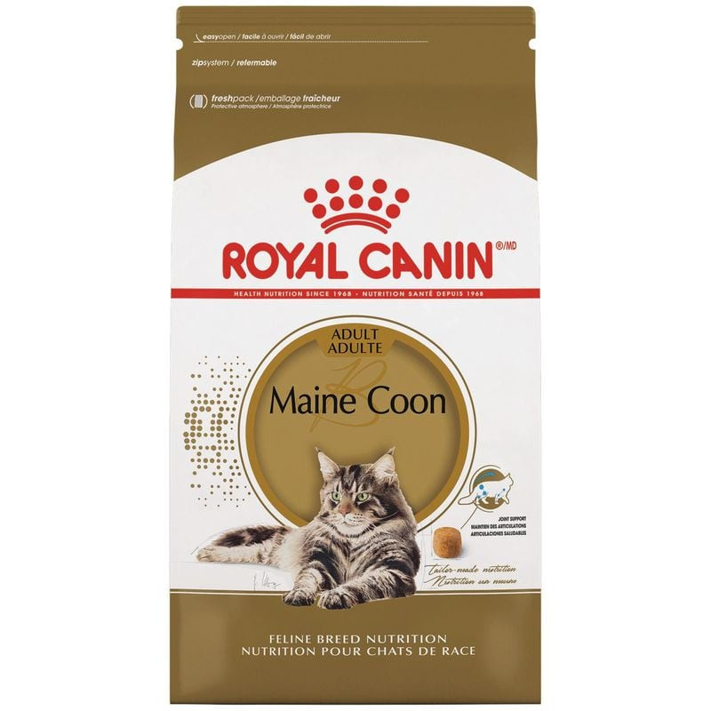 Vue avant du sac de croquettes Royal Canin Maine Coon Adulte avec nom du produit et avantages clés.