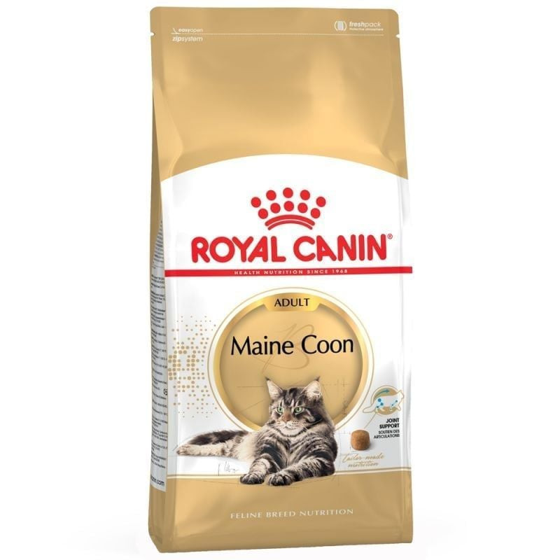 Vue latérale du sac de croquettes Royal Canin Maine Coon Adulte mettant en valeur les atouts nutriti