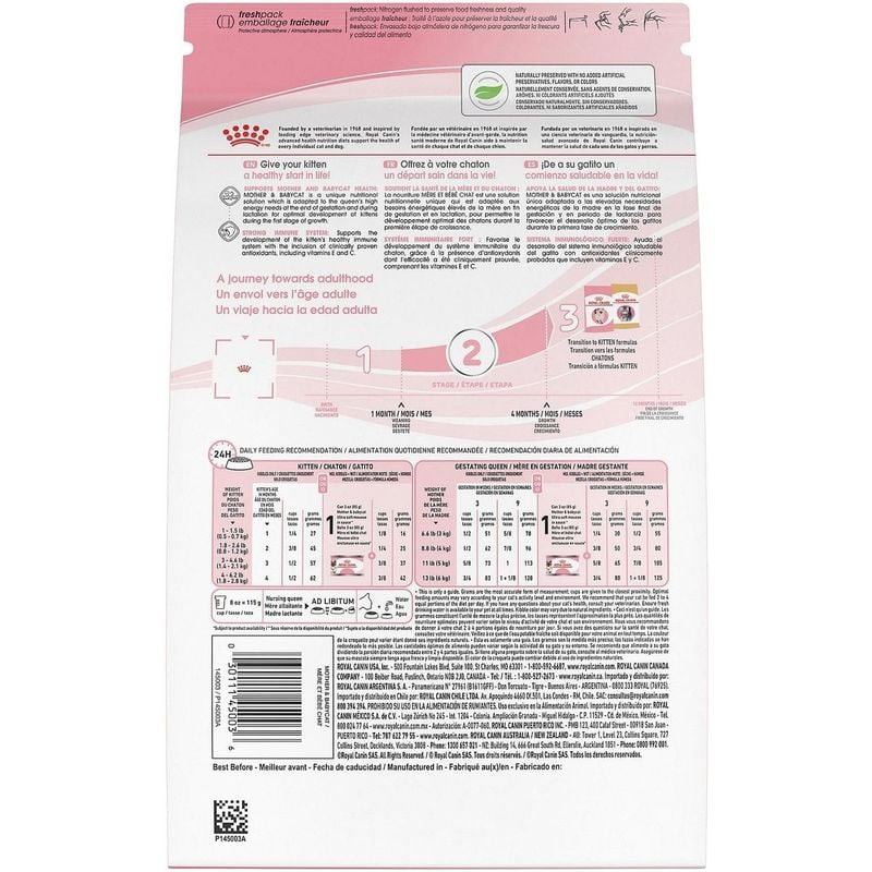 Conseils d'alimentation sur le sac Royal Canin Mother & Babycat