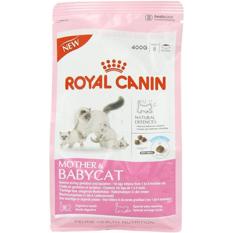 Sac de croquettes Royal Canin Mother & Babycat - vue de côté affichant valeurs nutritionnelles et in