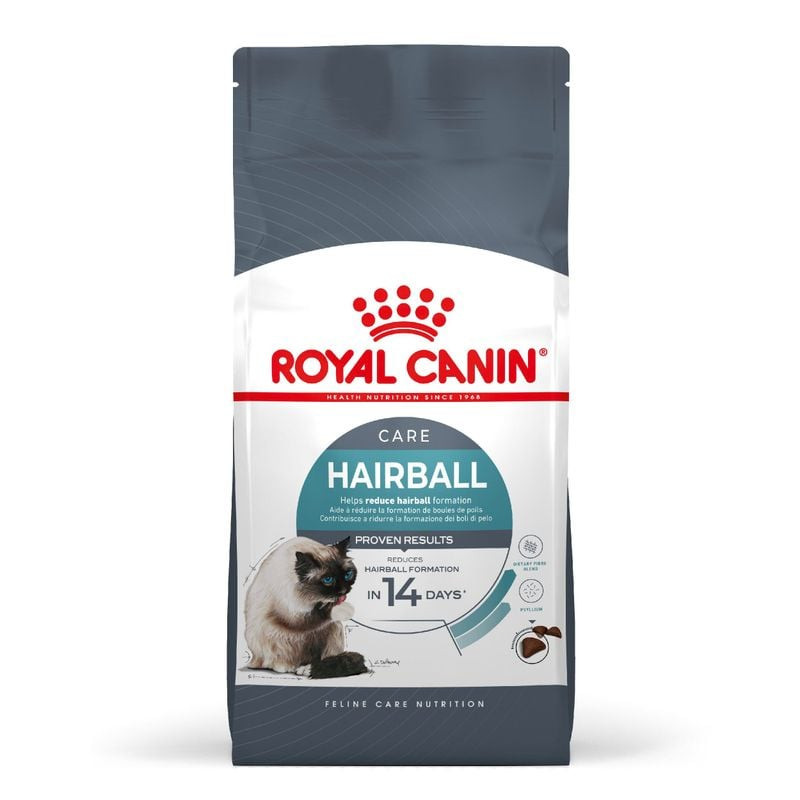 Sac de croquettes Royal Canin Hairball Care pour chat adulte, vue de face avec nom et illustration.