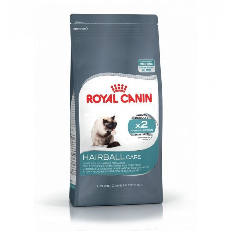 Face arrière du sac Royal Canin Hairball Care avec informations nutritionnelles et conseils d'alimen