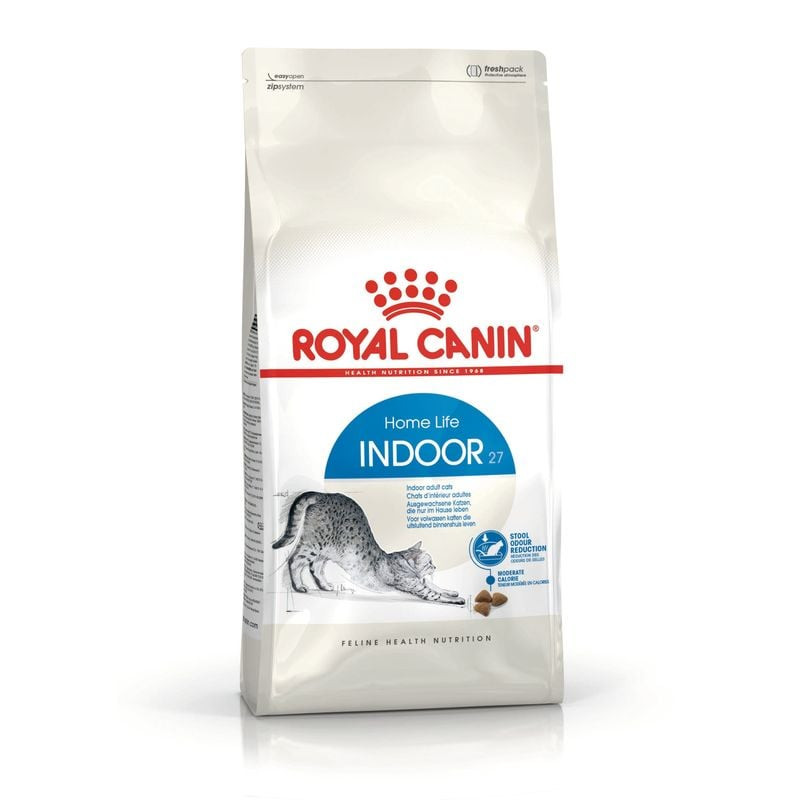 Paquet de croquettes Royal Canin Indoor 27 pour chats adultes d'intérieur, avec nom du produit et av