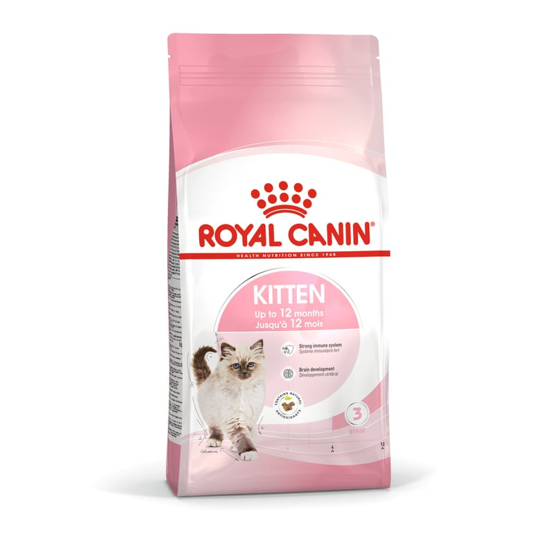 Sac de croquettes pour chaton Royal Canin Kitten, emballage bleu et blanc avec illustration de chato