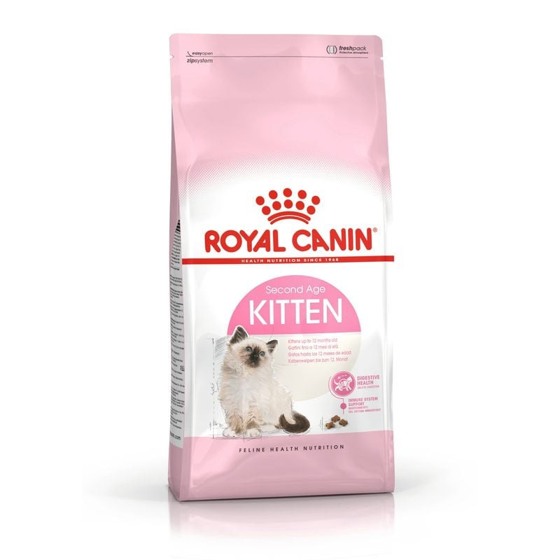 Croquettes pour chaton Royal Canin sur fond blanc, présentant l'emballage pour jeunes chats.