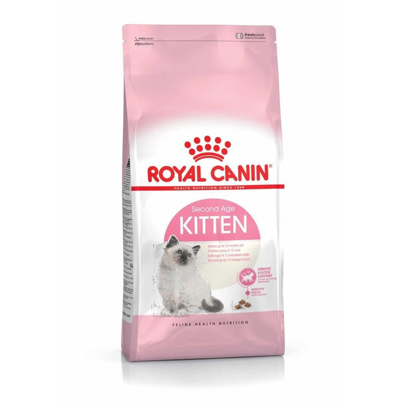 Paquet de croquettes Royal Canin pour chaton 400g sur fond blanc.