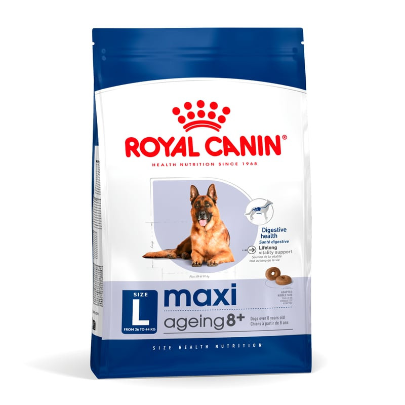 Packshot sac croquettes Royal Canin Maxi Ageing 8+ chien senior grande race, vue de face. Affiche no