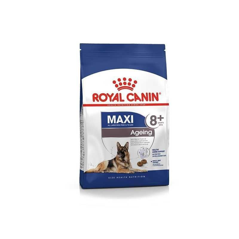 Packshot du sac de croquettes Royal Canin Maxi Ageing 8+, vue arrière. Affiche l'analyse nutritionne