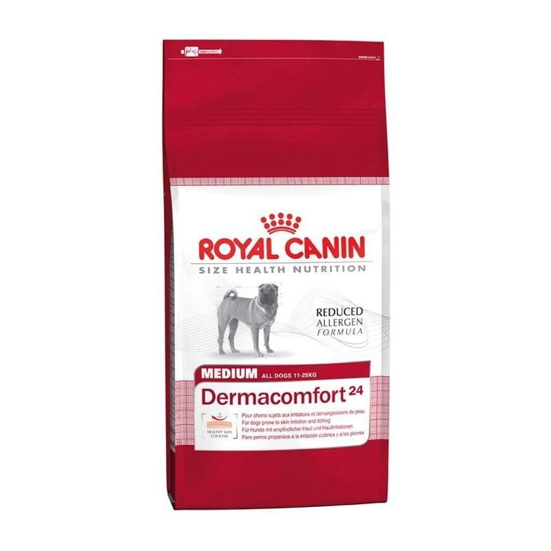 Sac Royal Canin Medium Dermacomfort vu de côté montrant les bienfaits nutritionnels et les ingrédien