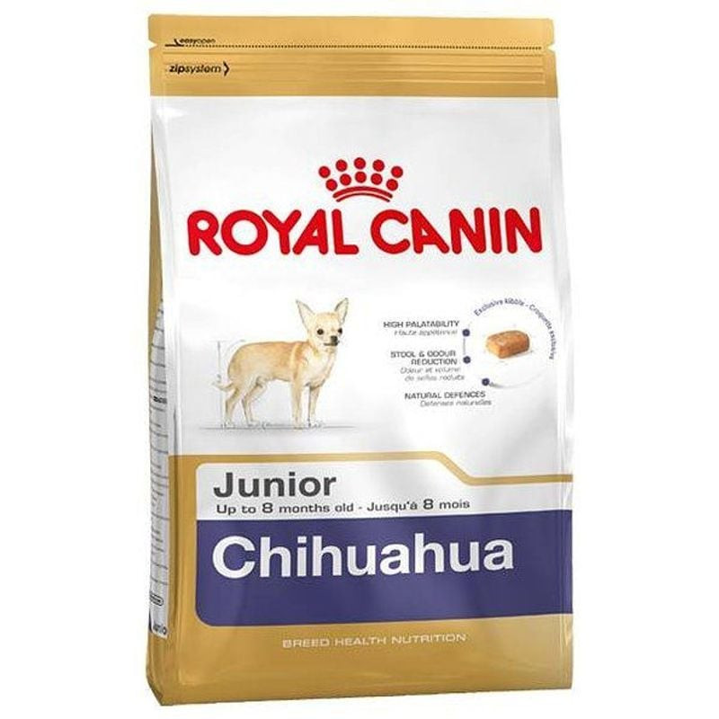 Vue latérale du sac de croquettes Royal Canin Chihuahua Junior montrant ses bienfaits nutritionnels