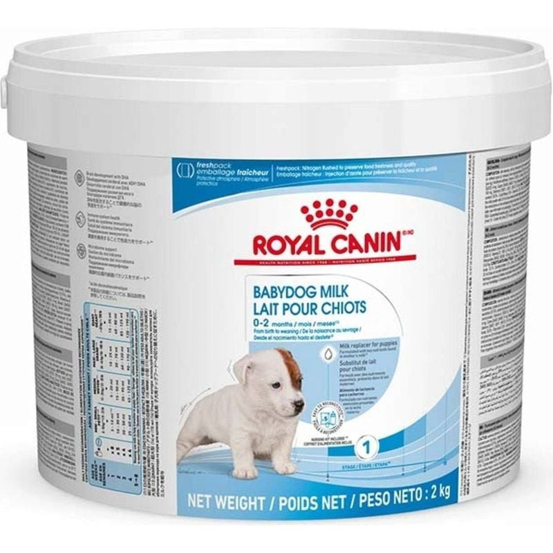 Vue arrière du 1967519 Royal Canin Babydog Milk affichant les informations nutritionnelles et les in
