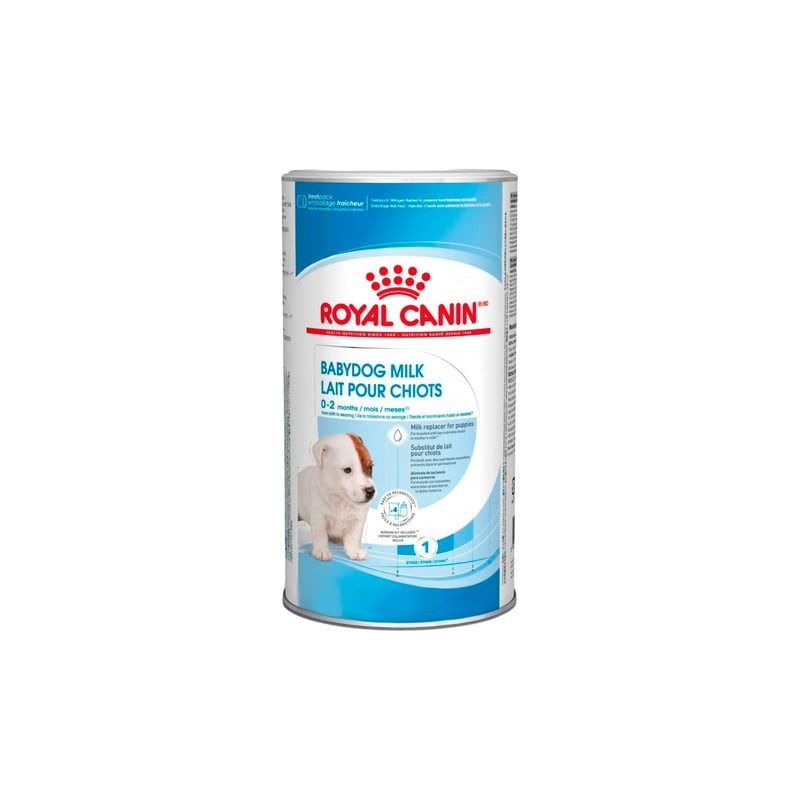 Packshot du lait maternisé Royal Canin Babydog Milk 1967519 avec une cuillère doseuse, illustrant la