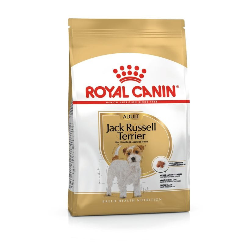 Paquet de croquettes Royal Canin Jack Russell Terrier Adult, avec la race sur le devant et les bienf