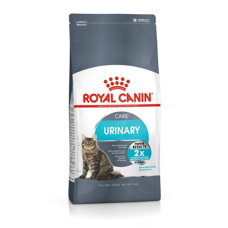Packshot du sachet de croquettes Royal Canin Urinary Care avec un chat et les bienfaits pour la sant