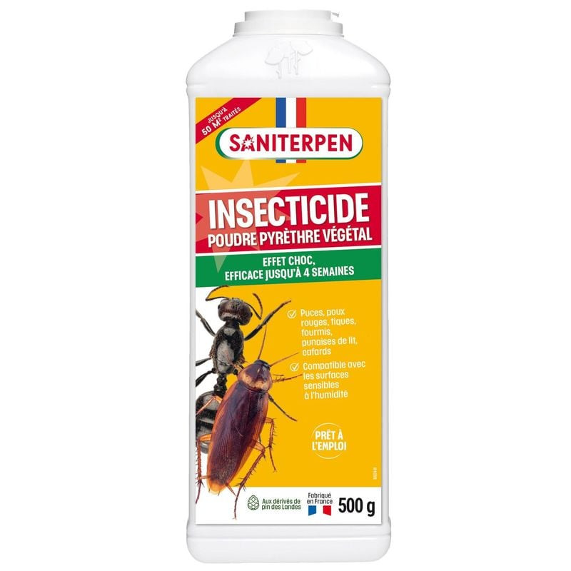 Packshot de la poudre insecticide naturelle Saniterpen 1968374, montrant l'étiquette et l'emballage 
