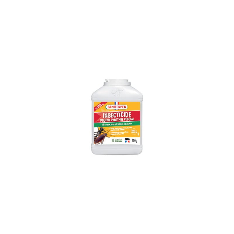 Packshot de la poudre insecticide Saniterpen avec étiquette verte et blanche, montrant le nom du pro