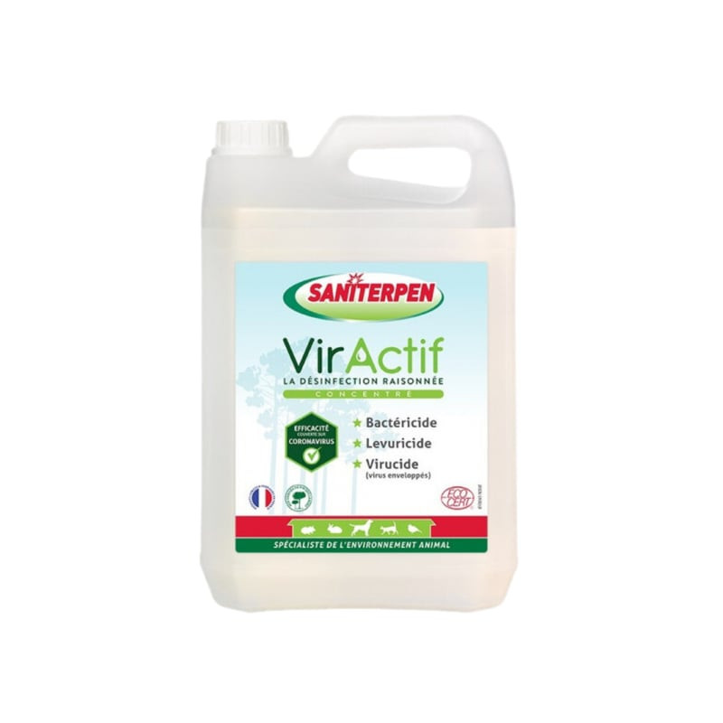 Saniterpen Viractif concentré 5L désinfectant packshot montrant l'étiquette avant avec le nom du pro