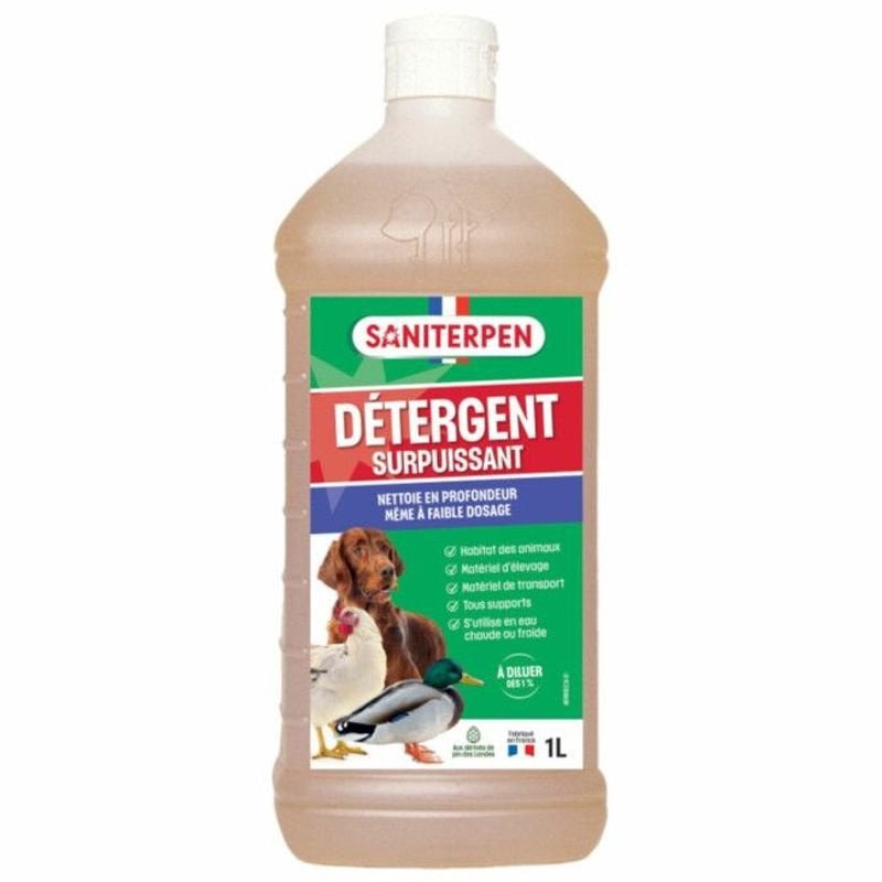 Flacon de détergent surpuissant Saniterpen 1L pour chien, nettoyant concentré au pin des Landes