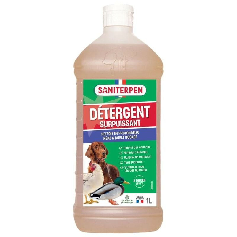 Packshot du détergent surpuissant Saniterpen 1L, avec étiquette verte et icône de pin indiquant un p